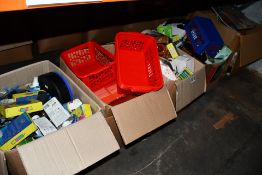 Five boxes of assorted miscellaneous items to include household items, souvenirs and related items.