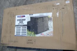 A Duramax Cedargrain StoreAway 850L Plastic Garden Storage Shed.