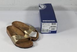 A pair of as new Birkenstock Madrid BS Sandals in Gold, Size UK 4.5 (Box Damaged).