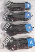 Four packs of 3 Adidas Trefoil Ankle Socks, Size 5128, Black/White Three Stripes.