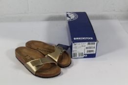 A pair of as new Birkenstock Madrid BS Sandals in Gold, Size UK 3.5 (Box Damaged).