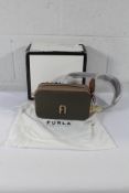 An as new Furla Primula Mini Crossbody Bag in Colourblock Salvia/Greige/Congac.