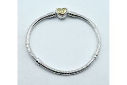 Pandora Curved Gold Heart Clasp Snake Link Bracelet Sterling Silver and 14k Gold (599380C00-17)