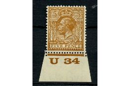 GB 1924-26 5d Brown, 'U34' control marginal single, mtd mint. SG425