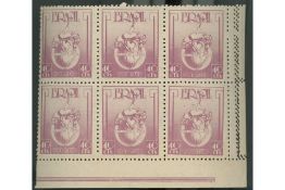 Brazil 1948 40c Anti-cancer campaign, marginal corner block of 6, u/m, displays perf skips. SG781var