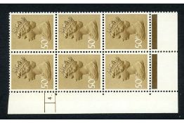 GB 1989 50p Ochre-brown, AOP, cylinder 4 dot block of 6, u/m. Rare. SGX992var