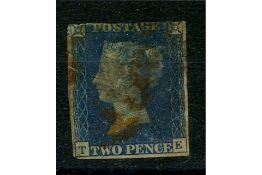 GB 1840 2d Deep, full-blue, 3 margins, red MX used, faulty. SG4