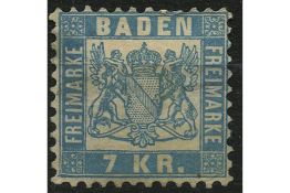 Baden 1868 7k Sky-blue, mint no gum, thinned, cat. £170. SG43