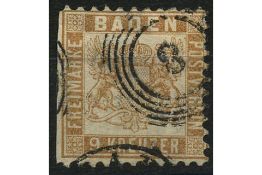 Baden 1862-65 9k Yellow-brown, good used, trimmed perfs at left, thinned, cat. £140. SG32