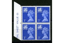 GB 1971 Wales 3p, broad band left, block of 4, u/m. SGW14var