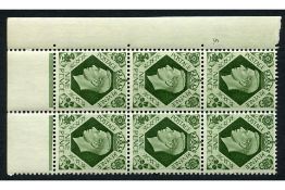 GB 1939 9d Deep olive-green, corner marginal 5 dot cylinder block of 6, u/m. SG473