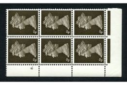GB 1967 4d Deep-sepia, gum arabic, cyl 8, no dot block of 6, missing phosphor, u/m. SG731