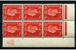 GB 1937 1d Scarlet 'E/39' control cylinder 27 dot block of 6, lightly mtd mint. SG463
