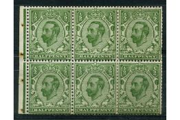 GB 1911-12 1/2d Bright-green, die B, wmk inverted pane of 6, u/m. Some minor faults. SG325wi