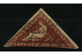 Cape of GH 1864 1d Deep brown-red, 2.5 margins, wmk from edge of sheet, fine pen-cancel used. SG18b