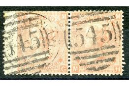 GB 1865-67 4d Dull-vermillion, plate 7 wing marginal horiz. pair, fine used, couple faults. SG93