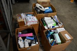 Five boxes of assorted miscellaneous items to include Household, Souvenirs, Cleaning items.