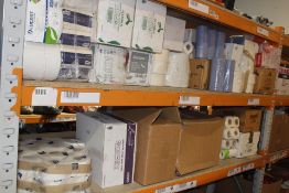 A Large Quantity of Assorted Hand Towels and Toilet Paper (2 Shelves).