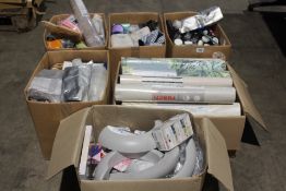 Six Boxes of Miscellaneous Items to include Wallpaper, Homewares, Food Supplements, Greeting Cards a