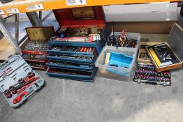 A large quantity of miscellaneous pre-owned hand - tools and related to include a router bit set, a