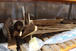 Fifteen Long Handle Brooms and Three Robert Scott Wonderdry Squeezy Sponge Mops.