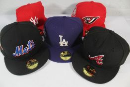 Five New Era 5950 Caps: New York Yankees - Red, Toronto Blue Jays - Red, New York Mets - Black, LA D