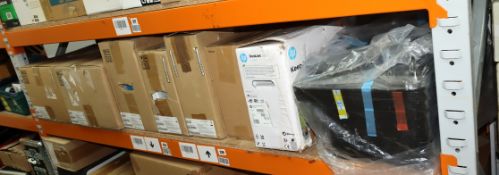 A quantity of new and pre-owned HP printers and parts.