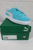 A pair of boxed Puma Suede Classic XXI Trainers Limited Maersk - Bluefish-Puma White (UK 7.5).