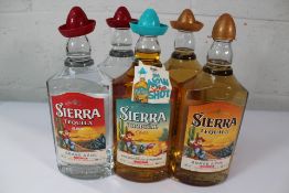 Five Sierra Tequila 1000ml: Two Blanco, Two Reposado and One Tropical Chilli (Some hats damaged).