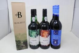 One Blackett 10 Years Old White Port Wine, Two Gueda Tawny Port, Two Gueda White Port and Two Harvey