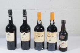 Two Noval Tawny Porto 2 x 750ml, Two Quevedo Special Reserve Tawny Porto 2 x 750ml and one Taylor's