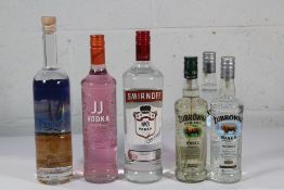 JJ Whitley Marshmallow Flavored Vodka 700ml, Smirnoff No 21 Vodka 1ltr, Penn 1681 Vodka 750ml, two Z