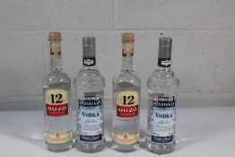 Two Ouzo 12 Spirits 2 x 700ml, Two Premium Stanislav Vodka 2 x 700ml.