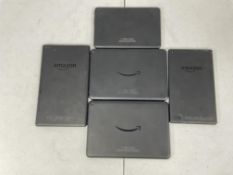 Five assorted pre-owned Amazon Fire tablets (All account clear. Some with damage. Sold as seen).
