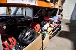 Three Boxes of Assorted Sports items including, Helmet's, Bats, Rackets, Boxing Gloves, Various Colo