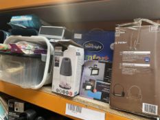 Three Shelves of assorted Homeware & Kitchen Items, including Pots, Pans, Mops, Bins and many more.