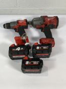 Milwaukee Onekey M18 Cordless Impact Driver, Milwaukee M18 Brushless Drill and Three Milwaukee M18 B