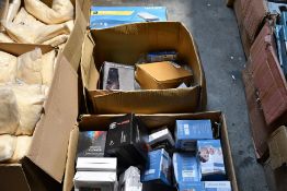 Two Boxes of Assorted Items including Shower Filters, Digital Clocks, Intex Airbed and More.