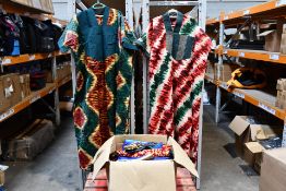 One Hundred items of Assorted Hand Made Adire Clothing, Including Gowns, Jumpsuits, Skirts, Scarfs.