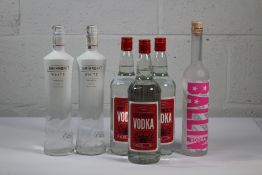 Two Smirnoff White Vodka 2 x 1ltr, Three Amazon Triple Distilled Vodka 3 x 1ltr, Ballin Vodka 700ml.