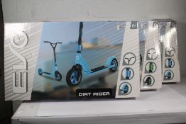 Three Evo Dirt Rider Scooters, Various Colours, 6+. As New.