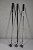 Three Golf Clubs, Cleveland CBX4 60 Degree, Mizuno T24 54 Degree, Mizuno S23 60 Degree, Silver. Unus