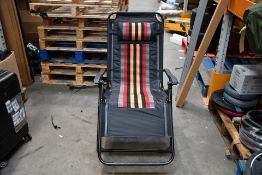 Two, Garden Lounge Chairs With Phone/Cup Holders, Black with Orange Trim. In Box Some Wear