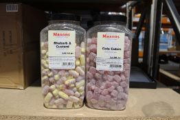 Six Jars Of Maxon's Fruit Flavored Boiled Sweet to include 3 x Rhubarb & Custard 3 x Cola Cubes 3.4