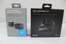 GoPro Max Lens Mod 2.0 (HERO12 Black) and Dual Charger + Enduro Batteries.