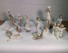 Lladro Girl Holding A Rooster Figurine, Lladro Daisa Preening Bird, Lladro Grey Rabbit Eating Leaves