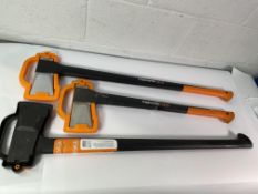 Three Fiskars Splitting Axes: X27 (As New), X25 and A26 XL Solid (Both Pre-owned).