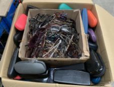 Box of Assorted Prescription Glasses, Various Colours, Styles and sizes. Preowned (Approx. 130 Pairs