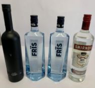Two Fris Crisp Smooth Vodka 2 x 1ltr, Smirnoff No21 Vodka 1ltr, Brecon Five Vodka 700ml.