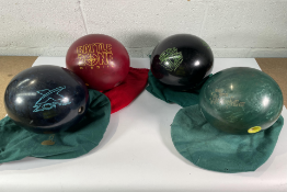 Four Ten Pin Bowling Bowls: Storm Thunder Flash, Brunswick Battle Zone Missile, Brunswick Zone X and